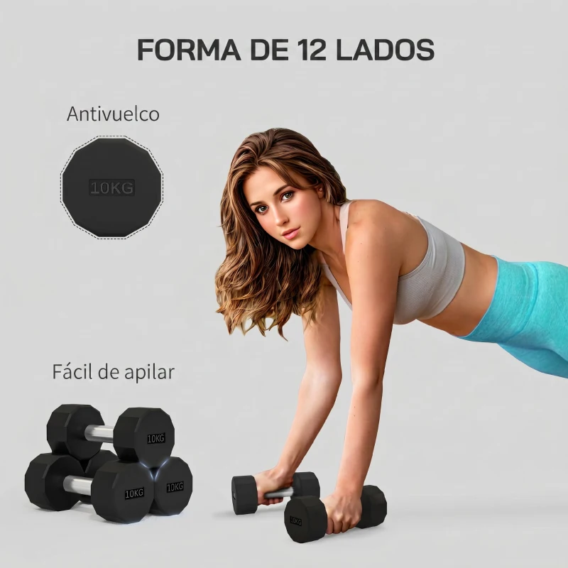 SPORTNOW Set de 2 Mancuernas Dodecagonales de 2 x 10 kg de Metal Recubiertas en Goma para Entrenamiento en Casa Gimnasio Negro