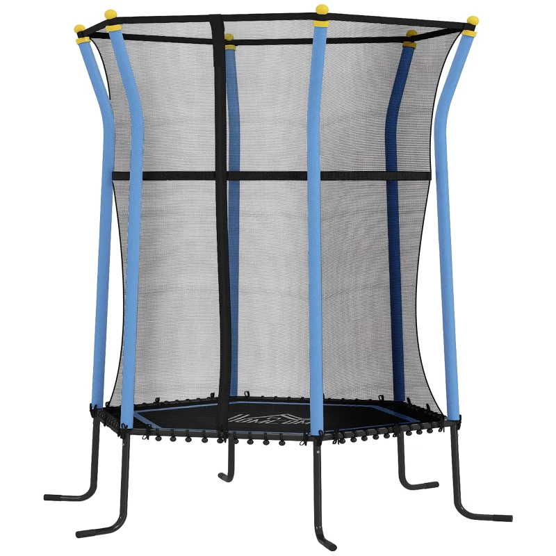 HOMCOM Trampolin für Kinder, 122 x 111 cm, mit Sicherheitsnetz, gepolstert, Stahl, belastbar bis 50 kg, Schwarz & Blau