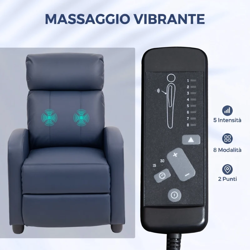 HOMCOM Poltrona Massaggiante Reclinabile in Pelle PU con Telecomando e Poggiapiedi, 68x88x98 cm, Blu Scuro
