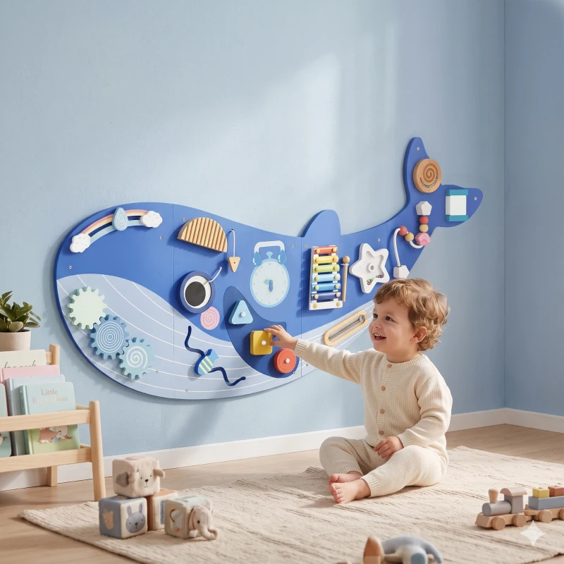AIYAPLAY Montessori Motoriekbord 13-in-1 van Hout in Walvorm - Busy Board met Xylofoon, Klok en Tandwielen