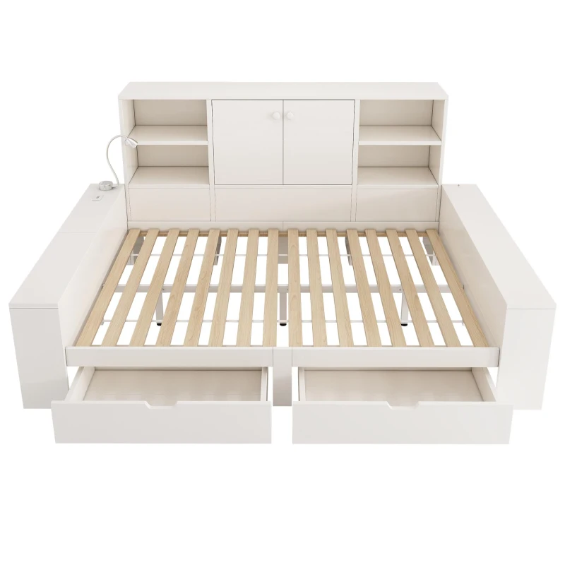 Cama com arrumação 140x200 cm, cama de dia com 2 gavetas em rodas, arrumação de 35 cm de profundidade com portas duplas, 237x183x100 cm, Branco