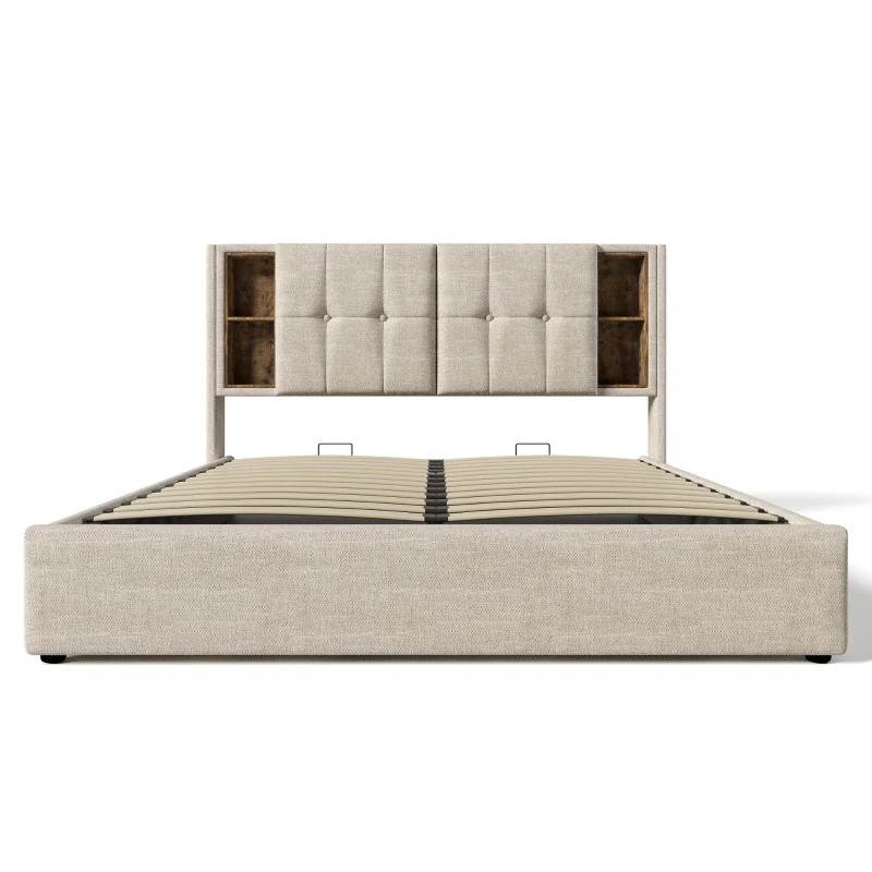 Cama estofada com arrumação, cabeceira com prateleiras, para colchão 180x200 cm, 206x185x100,5 cm, Cor natural