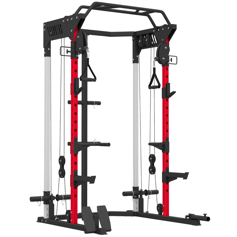 SPORTNOW Jaula de Potencia Rack para Sentadillas con Sistema Polea Ajustable Barra Dominadas y Estación de Fondos