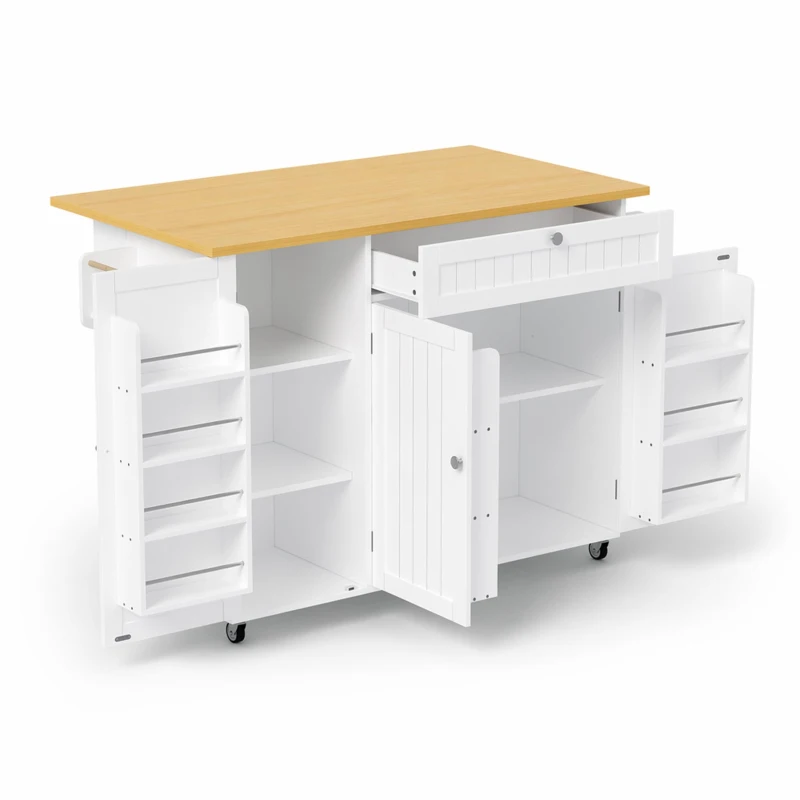 Isola per cucina mobile con piano di lavoro ribaltabile e alungabile per pranzo, 120x70x92 cm, Bianco