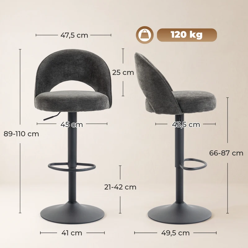 HOMCOM Set de 2 taburetes de barra, regulables y giratorios, para barra, Gris oscuro