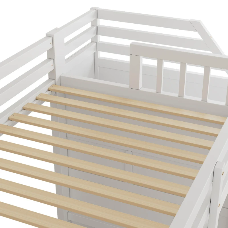 Letto a soppalco per bambini con rete a doghe, parapetto perimetrale e vano portaoggetti, 256x98,5x147 cm, Bianco