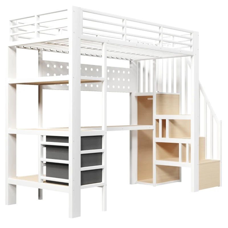 Letto a soppalco con ripiani portaoggetti e scala contenitore, 251x96x170 cm, Bianco