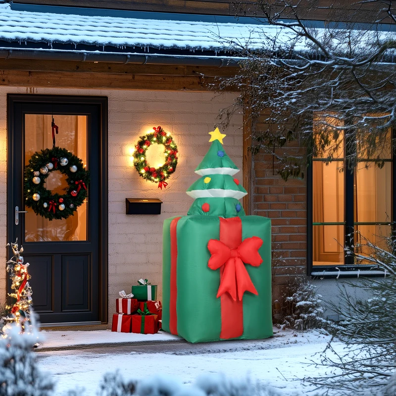Outsunny Opblaasbare kerstdecoratie met LED-lampjes, polyester, voor binnen en buiten, Rood+Groen