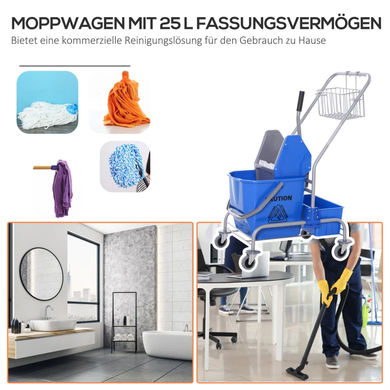 HOMCOM Schoonmaakwagen, Mopwagen, 25L Capaciteit, 4 Wielen, Kunststof, Blauw