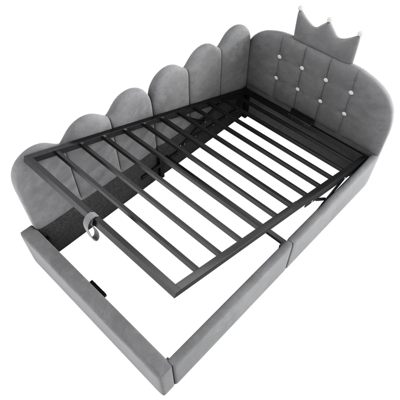 Cama de día tapizada 90x190 cm, almacenamiento hidráulico, forma en L reversible, sin colchón, 199x96x96 cm, Gris