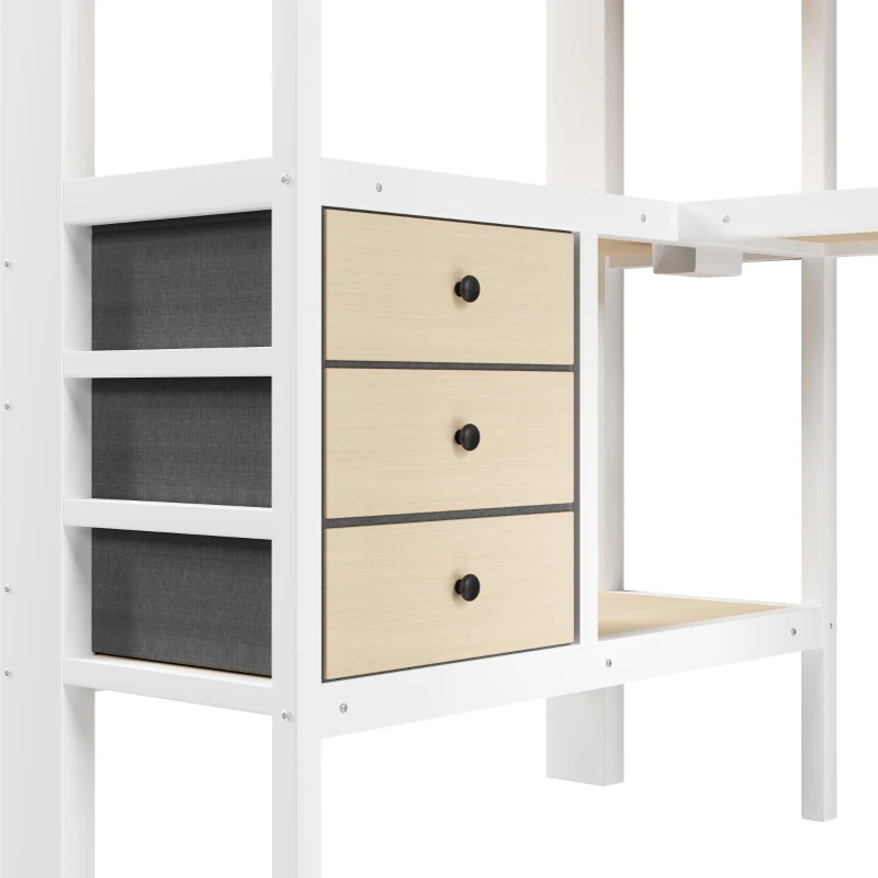 Cama alta 90×200 cm, prateleiras, escada com arrumação, sem colchão, 251x96x170 cm, Branco