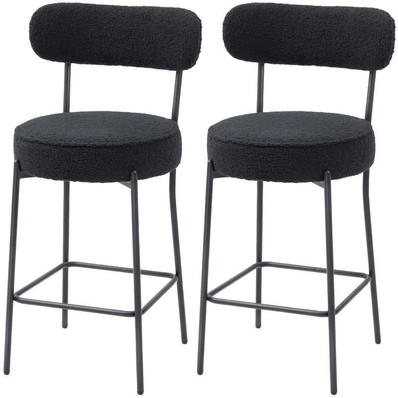HOMCOM 2-delige Barstoelen met Gestoffeerde Zitting en Voetensteun, Fleece Bekleding, Metalen Frame, Zwart