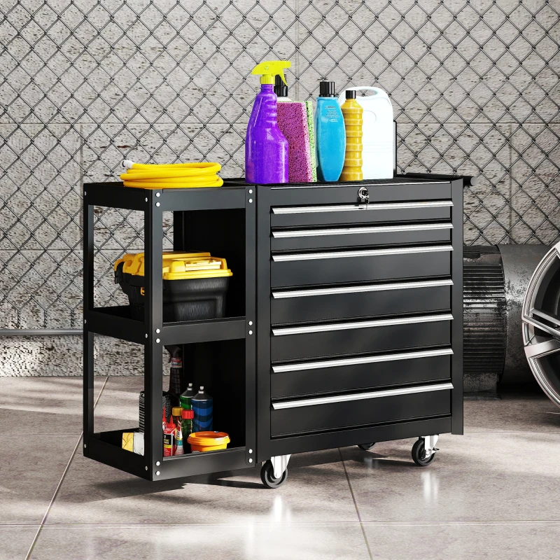 HOMCOM Gereedschapswagen met 7 lades, afneembaar zijrek, 4 wielen met parkeerrem, 96x33,5x75 cm, Zwart