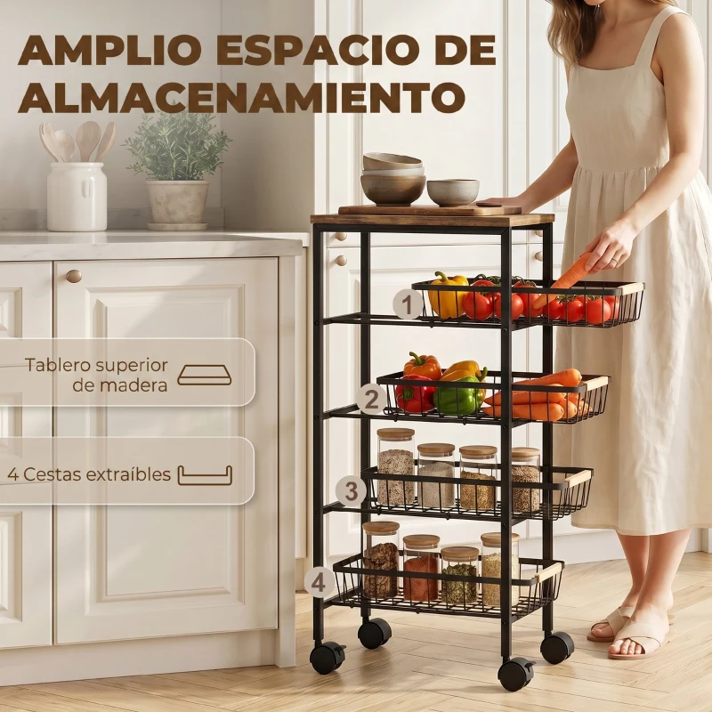 HOMCOM Carrito Auxiliar con Ruedas 4 Cestas Extraíbles Carga 15 kg Marco Metálico para Comedor 40x24x81,5 cm Rústico Marrón