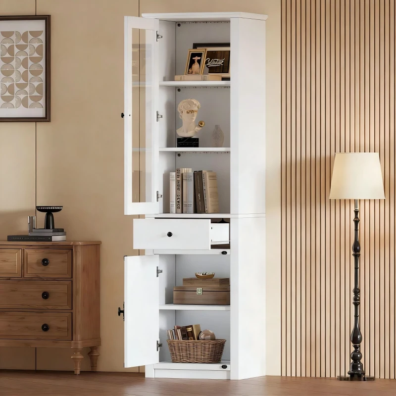 Vetrina portaoggetti a LED con 3 ripiani in vetro, cassetto e 2 ante, 55x40x200 cm, Bianco