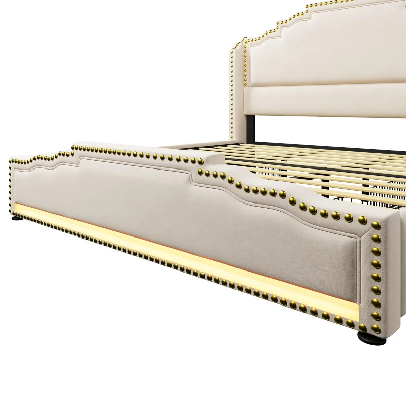 Cama estofada 180×200, cama com 4 gavetas de arrumação, iluminação LED ambiente integrada, 214x189x120 cm, Bege