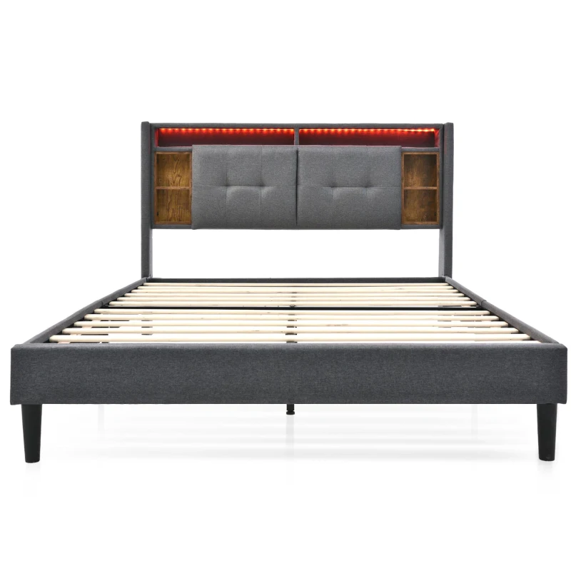 Letto matrimoniale imbottito con testiera portaoggetti e rete a doghe, in legno massello e metallo, 223x169x107 cm, Grigio