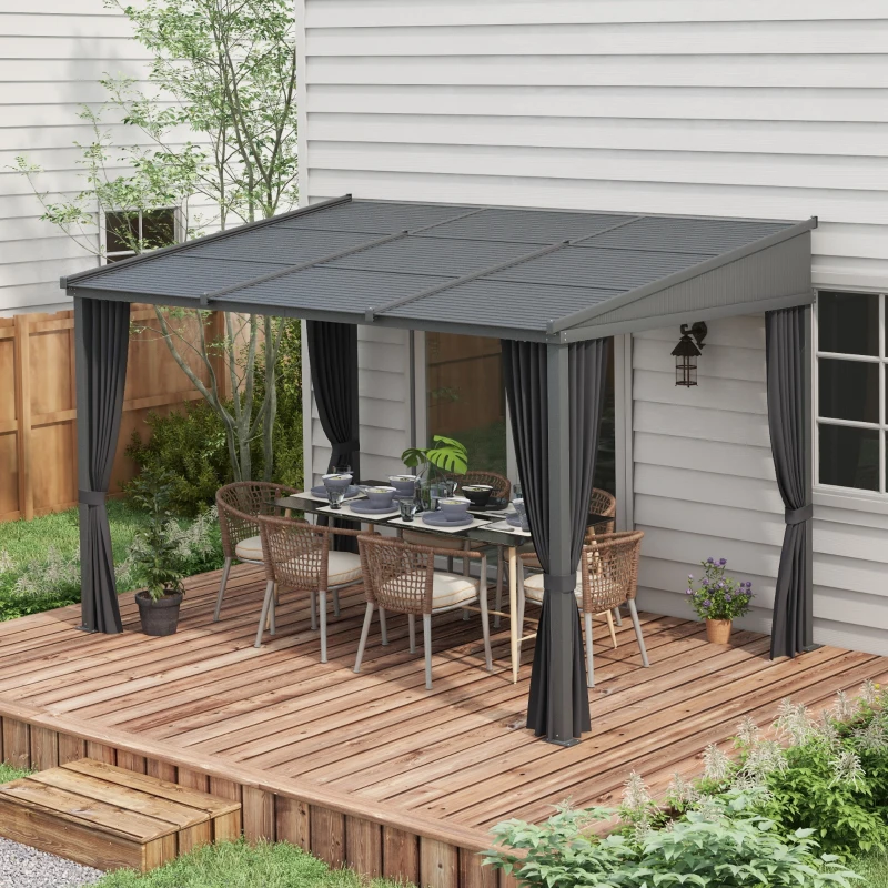 Outsunny Gartenpavillon, Pergola, mit Schiebedach, Vorhängen, Aluminiumrahmen, dunkelgrau, 3,65 x 2,55 x 2,05 m