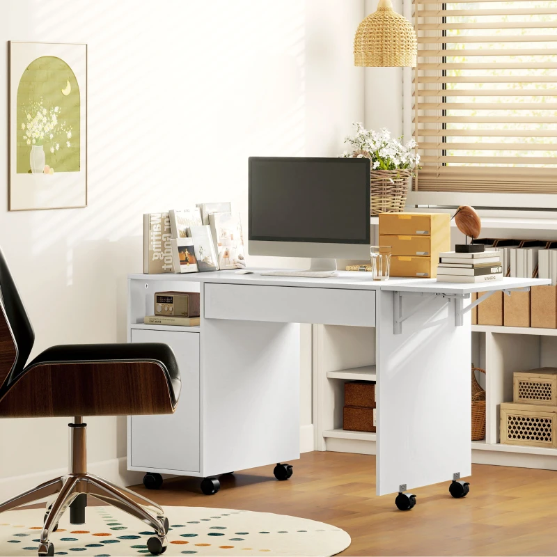 HOMCOM Rollbarer Computertisch, klappbarer Schreibtisch mit Schrank und Schublade, Spanplatte, Weiß