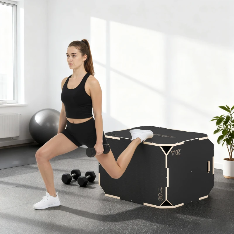 SPORTNOW Plyo Box in Legno 3 in 1, Box Pliometrico per Salti Antiscivolo con Maniglie per Allenamento in Casa Palestra, 76x61x51 cm, Nero