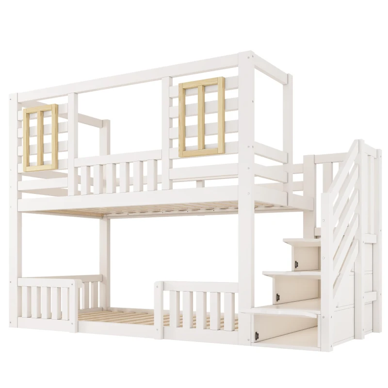 Cama de beliche estilo cabana, escada com armário e arrumação, 2 áreas de dormir de 90X200 cm cada, 254x95x170 cm, Branco