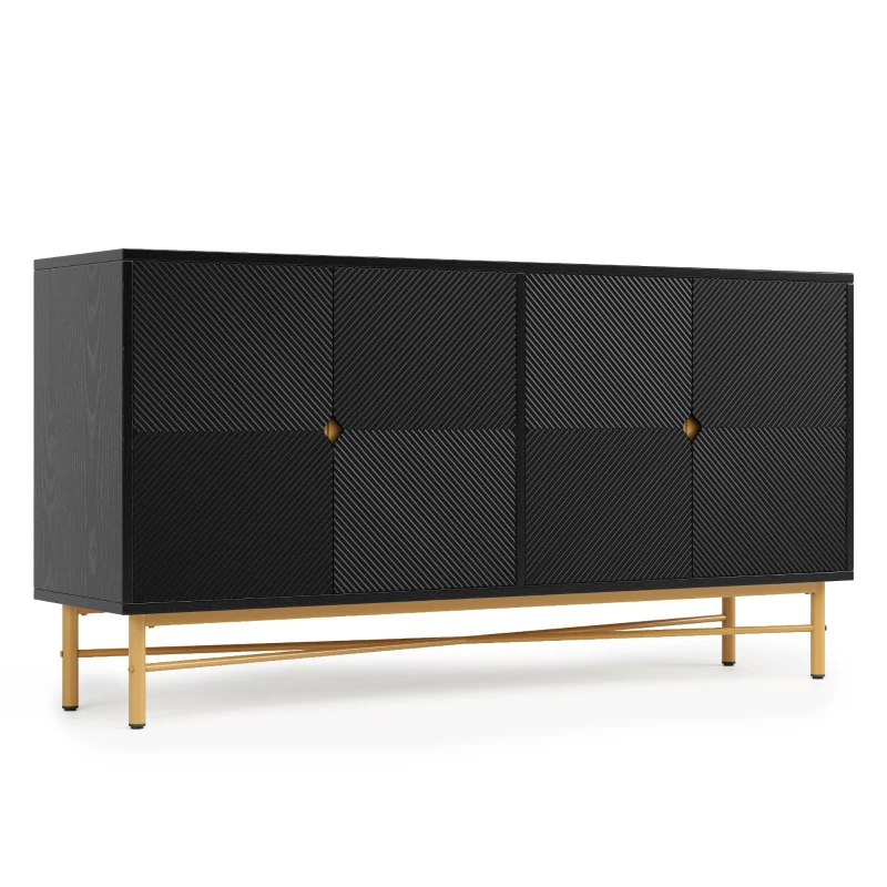 Credenza buffet a 4 ante per soggiorno e cucina con pannelli scanalati, 160x40x82 cm, Nero