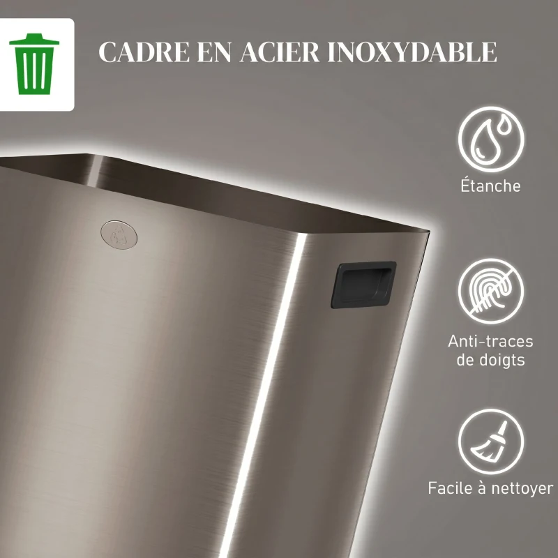 HOMCOM Poubelle de cuisine 2 compartiments de 2 x 20L, acier inoxydable, couvercle à fermeture douce, 45,8x36x51,6cm, or