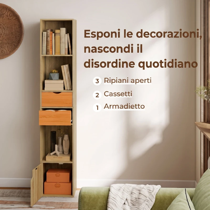 HOMCOM Libreria 6 Ripiani Con Cassetto, Sportello, Mensole Aperte, 30x24x158 Cm, Rovere