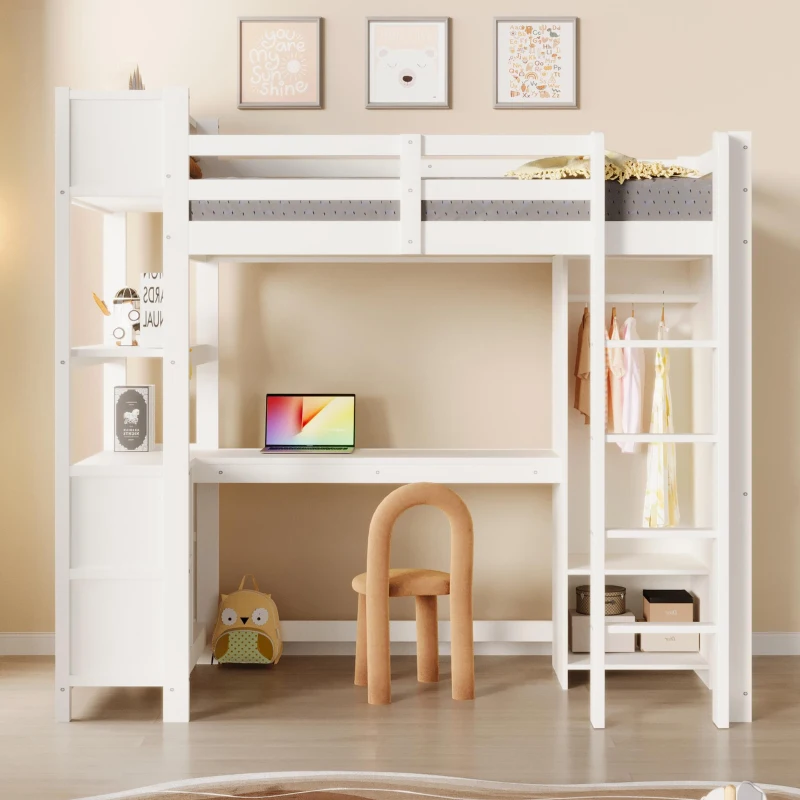 Cama alta 90x200 cm, grade de segurança para crianças a partir dos 6 anos, sem colchão, 232,5x100x189,5 cm, Branco