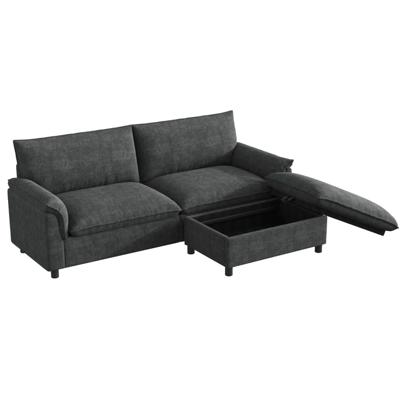 Divano angolare modulare con pouf poggiapiedi flessibile e vano portaoggetti nascosto, 216x77x82 cm, Nero