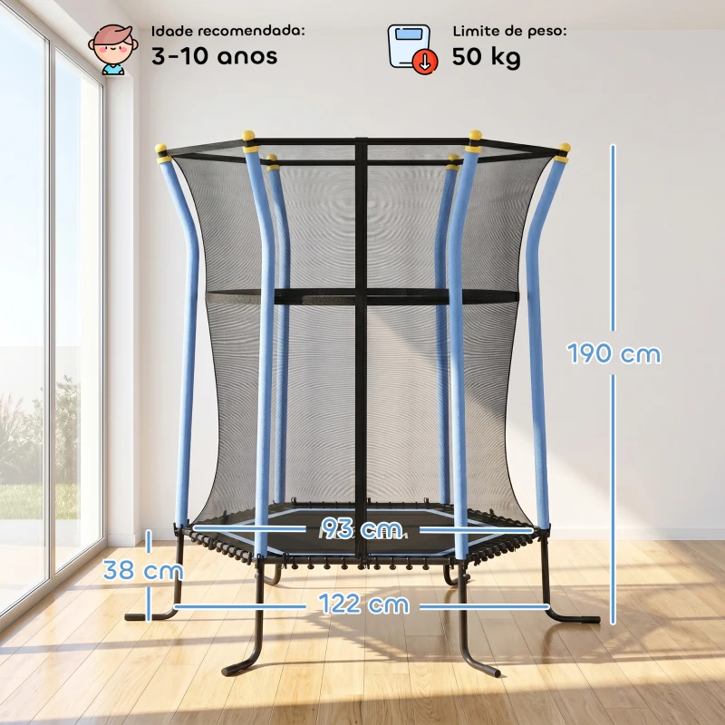 HOMCOM Trampolim para Crianças Cama Elástica Infantil com Rede de Segurança para Interiores e Exteriores Carga 50 kg Ø163,5x190 cm Azul