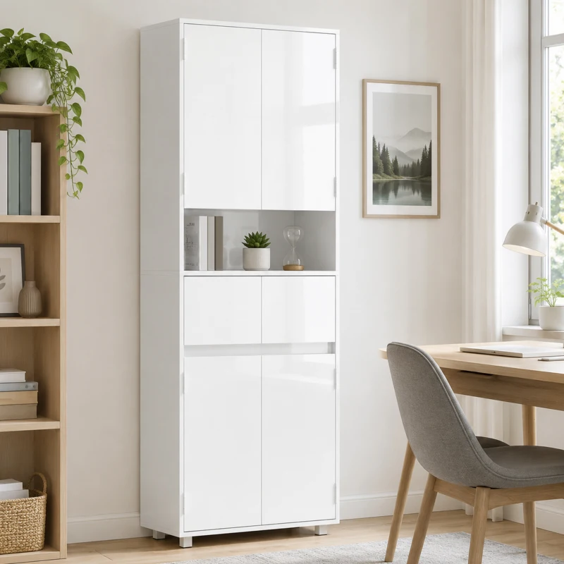 HOMCOM Mobile Bagno Alto Slim con Cassetti e Ripiani, 60x30x170 cm, Bianco Lucido