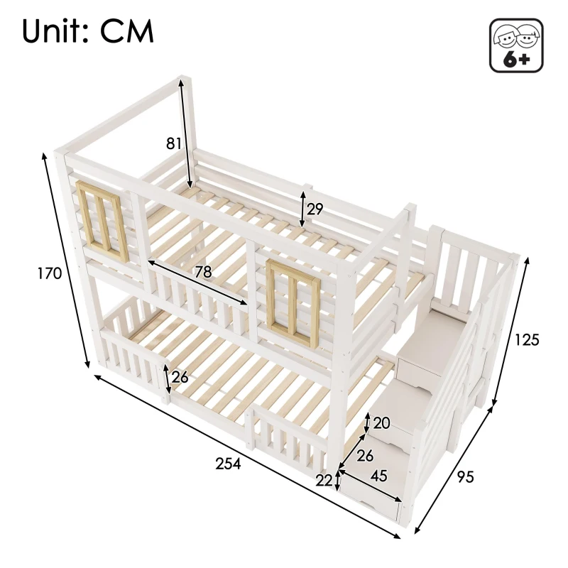 Cama de beliche estilo cabana, escada com armário e arrumação, 2 áreas de dormir de 90X200 cm cada, 254x95x170 cm, Branco