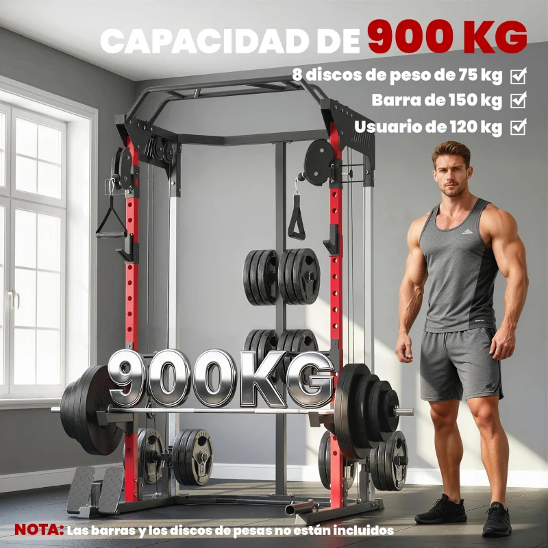 SPORTNOW Jaula de Potencia Rack para Sentadillas con Sistema Polea Ajustable Barra Dominadas y Estación de Fondos