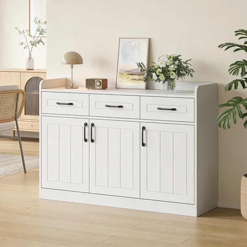 Aparador com muito espaço de arrumação, 3 gavetas e 3 portas com prateleiras ajustáveis, frente das portas com riscas, 120x35x80 cm, Branco