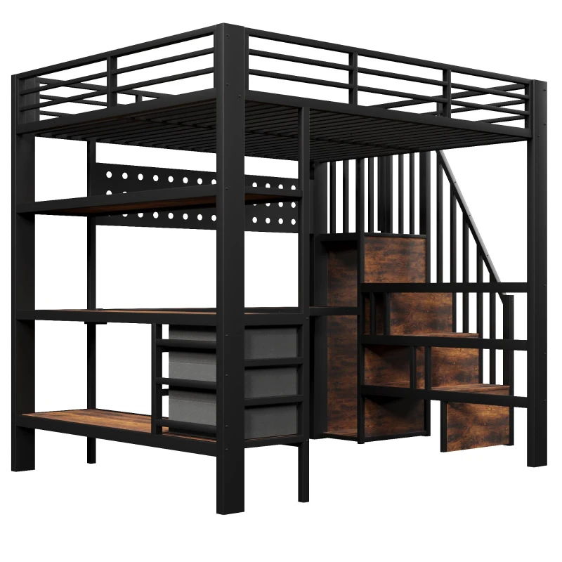Cama alta 140 x 200 cm, prateleira integrada e 3 gavetas, sem colchão, 251x146x170 cm, Preto