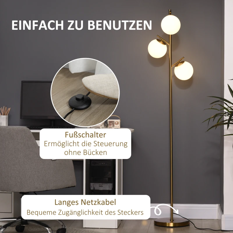 HOMCOM Staande lamp in retro-design, vloerlamp, vloerlamp met 3 lampenkappen, glas, goud
