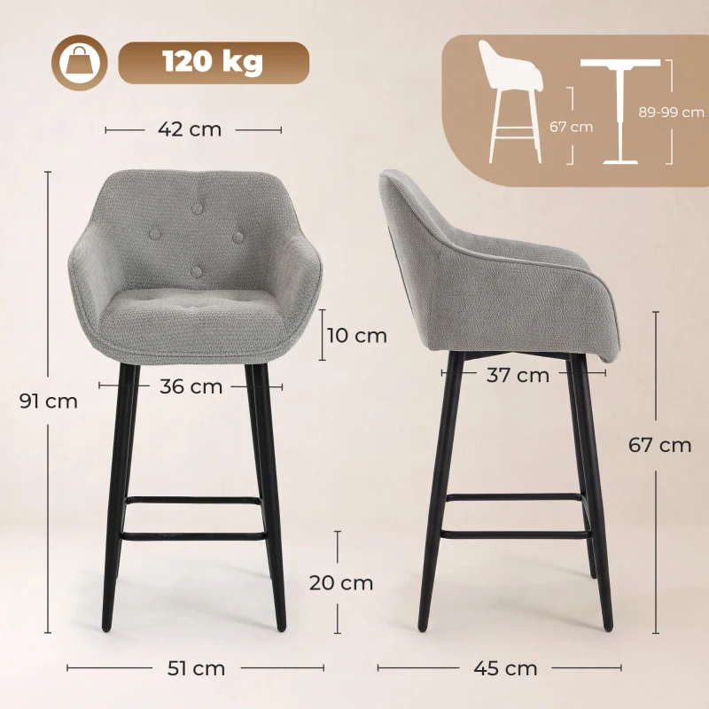 HOMCOM 2er-Set Barhocker, Gepolsterte Chenille-Barstühle, Sitzhöhe 67 cm, Rückenlehne und Fußstütze, Grau