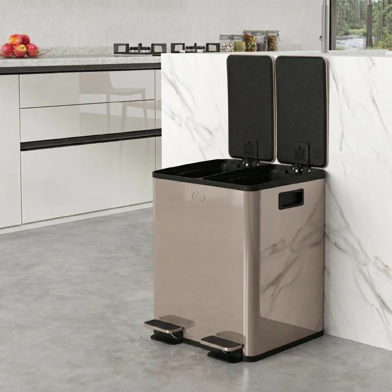 HOMCOM Poubelle de cuisine 2 compartiments de 2 x 20L, acier inoxydable, couvercle à fermeture douce, 45,8x36x51,6cm, or