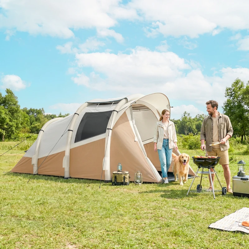 Outsunny Inflatable Camping Tent w/ Air Pump, Easy Setup 2-3 Person Blow Up Tent, Khaki