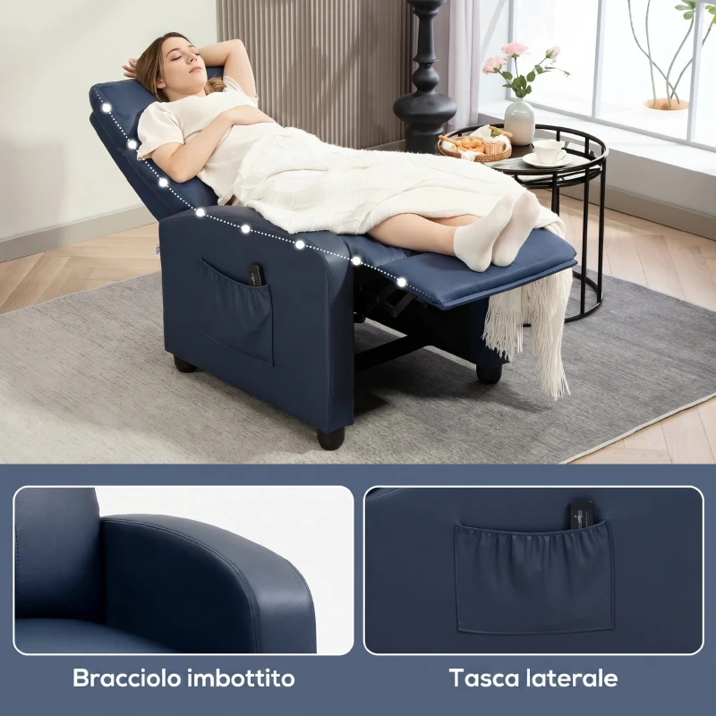 HOMCOM Poltrona Massaggiante Reclinabile in Pelle PU con Telecomando e Poggiapiedi, 68x88x98 cm, Blu Scuro