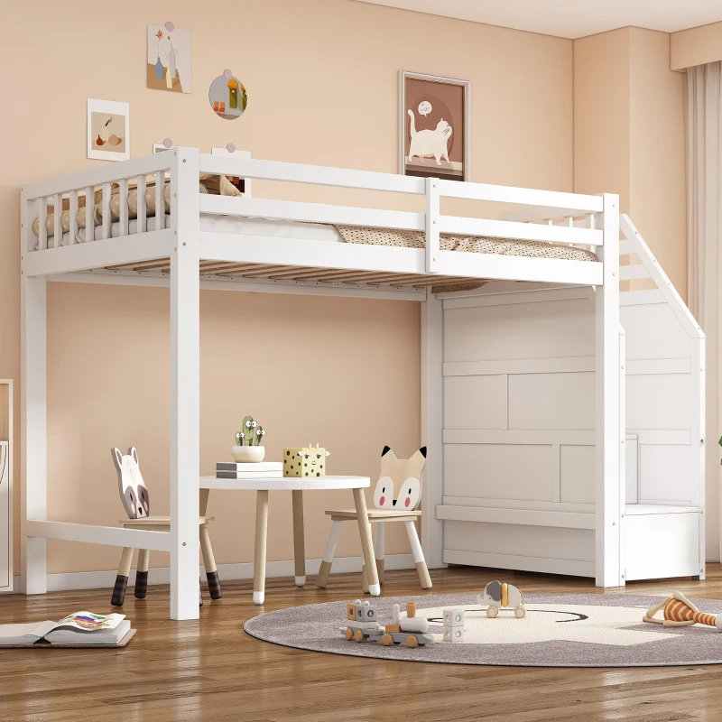 Letto a soppalco per bambini con rete a doghe, parapetto perimetrale e vano portaoggetti, 256x98,5x147 cm, Bianco