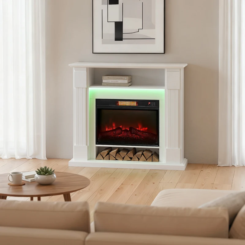 HOMCOM Elektrischer Kamin mit LED-Lichtern, realistischer Flammen-Effekt, 1800W, Kaminsims, 2 Fernbedienungen, Glas, Weiß