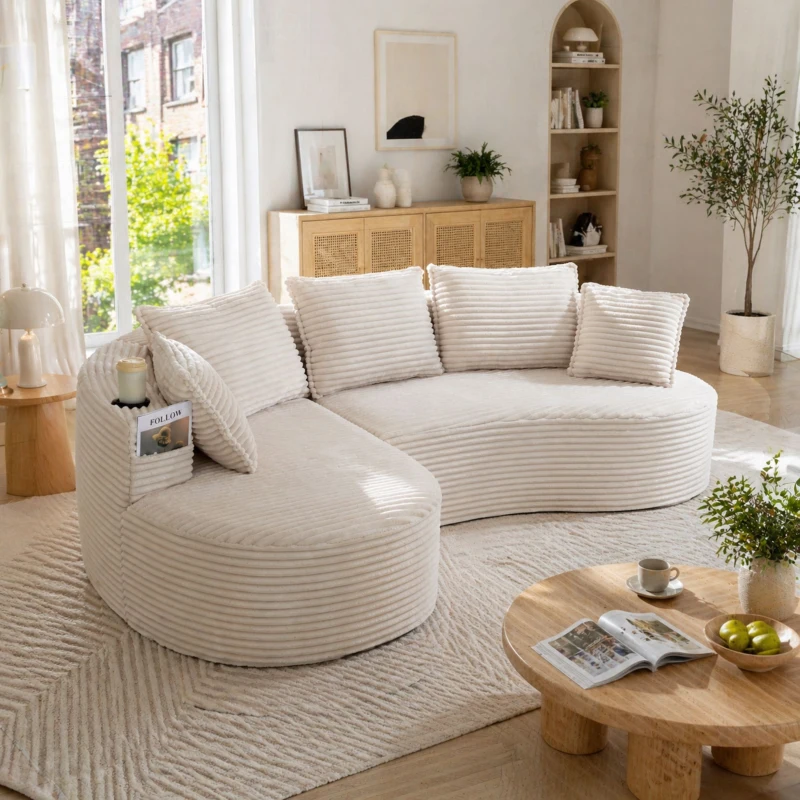Bogesofa imbottito con portabicchieri su entrambi i lati, cuscini e tasca laterale, 250x152x82 cm, Beige