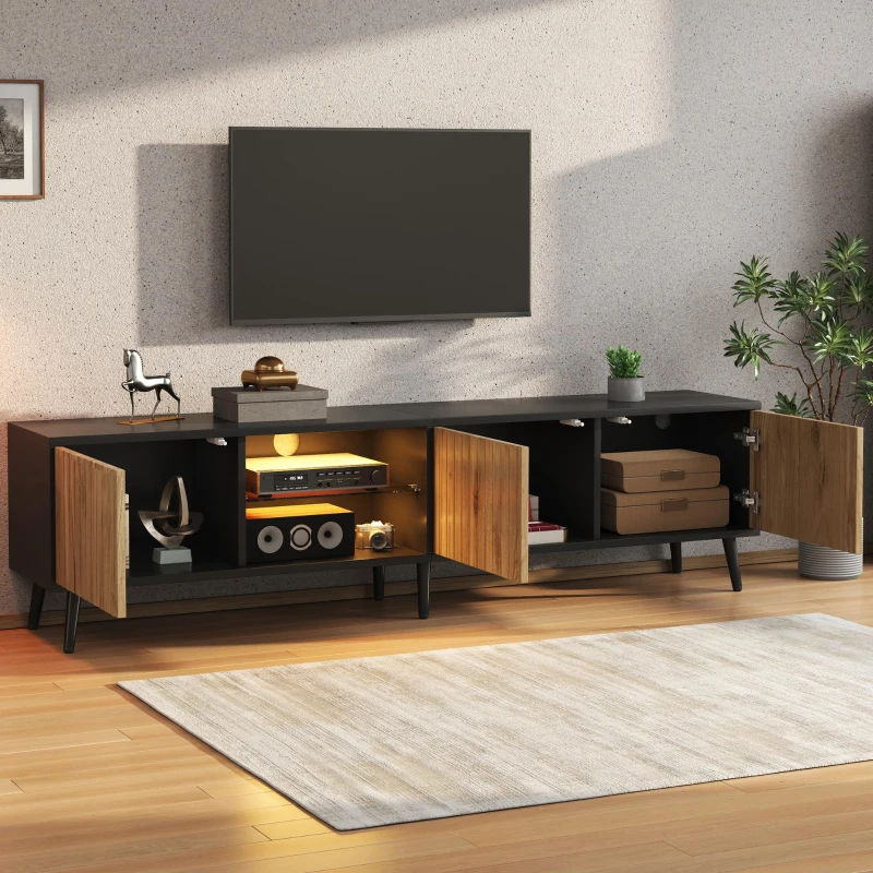 Meuble TV bas LED, convient pour 75 pouces, grand espace de rangement, 175x31x43,5 cm, Couleur naturelle+Noir