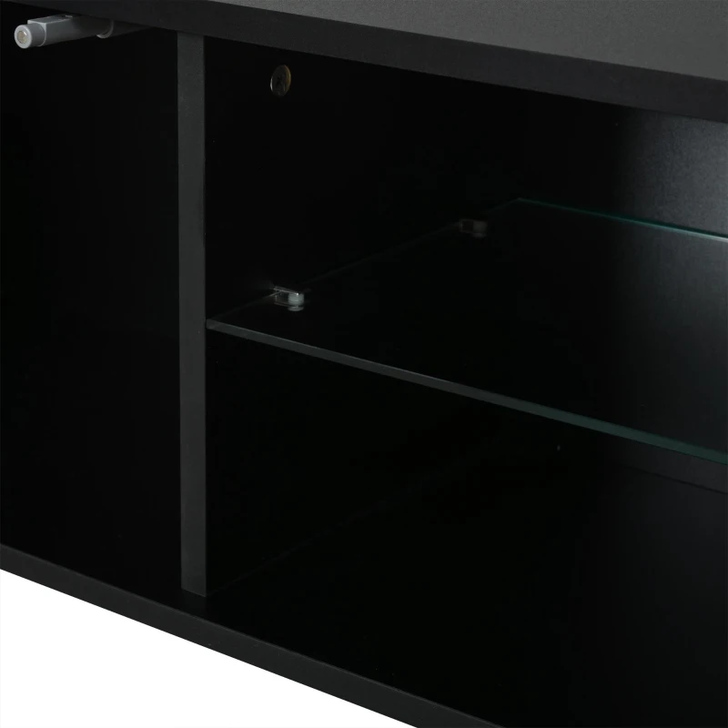 Meuble TV bas LED, convient pour 75 pouces, grand espace de rangement, 175x31x43,5 cm, Couleur naturelle+Noir