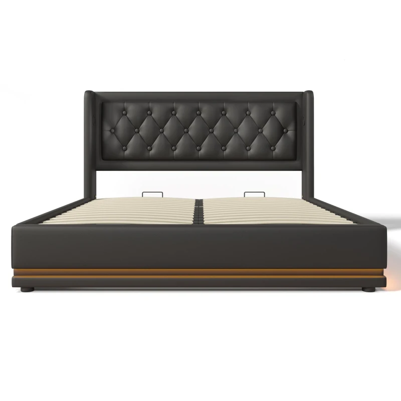 Letto matrimoniale imbottito 180x200 cm con leva idraulica, struttura in acciaio e rivestimento in PU, 210x190x101 cm, Nero