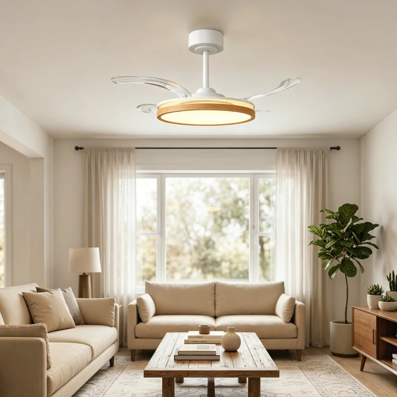 HOMCOM Ventilateur de plafond avec lumière et télécommande, plafonnier ventilateur 95 cm avec pales rétractables, bois naturel