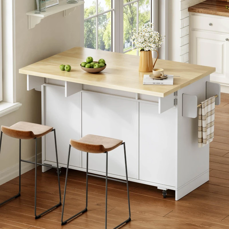 Ilha de cozinha móvel com tampo rebatível, rodízios com travão 360°, para 2–4 pessoas, 120x70x87 cm, Branco