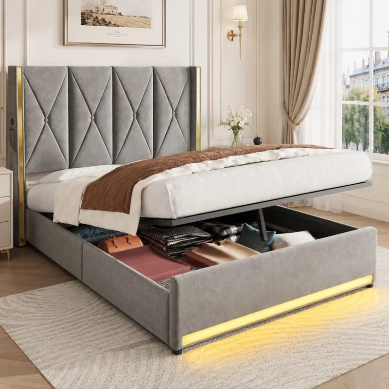 Cama de terciopelo con cabecero acolchado y capitoné, prácticos bolsillos laterales, para colchón 160L x 200AN cm, 170x213x141 cm, Gris oscuro